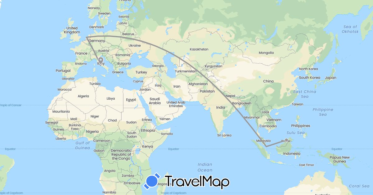 TravelMap itinerary: driving, plane in Brunei, Italy, Netherlands, Singapore (Asia, Europe)